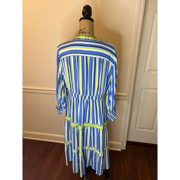 JOHN MARK Striped V Neck Tiered Midi Dress Blue Yellow Embellished Size L - Picture 9 of 13